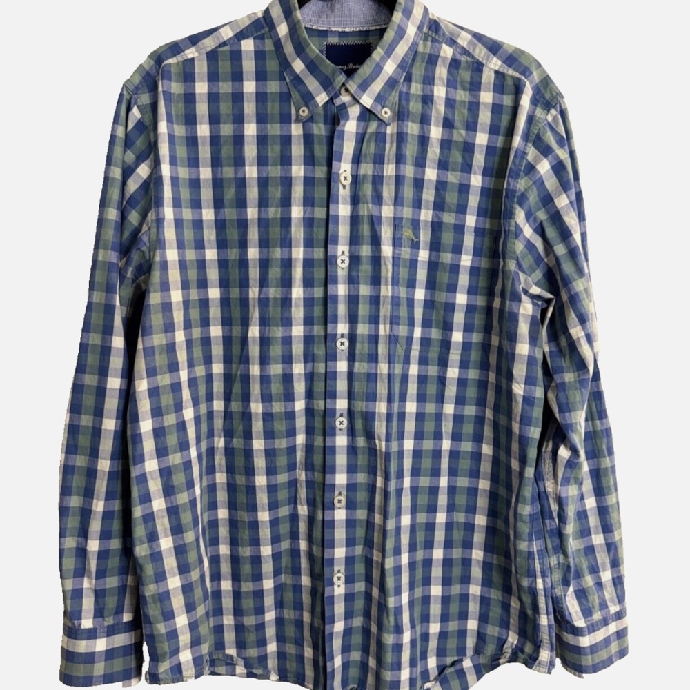 Tommy Bahama Blue Green Plaid 100% Pima Cotton Collared Button Up Shirt Size Med